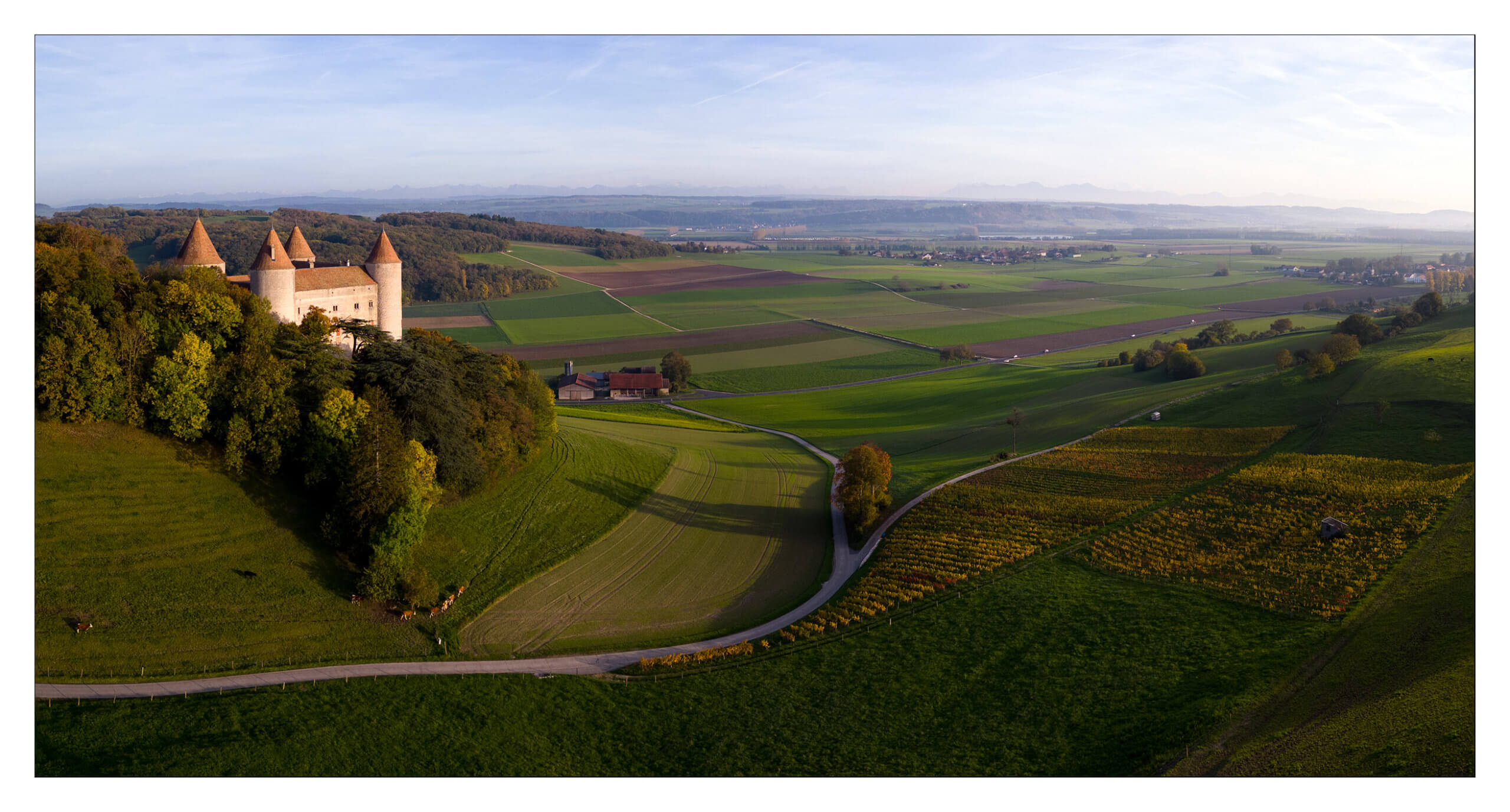 Vue du ciel au drone DJI Mini Pro 3 du Château de Champvent